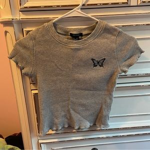 Ribbed Gray Crop Top with Butterfly Embroidery